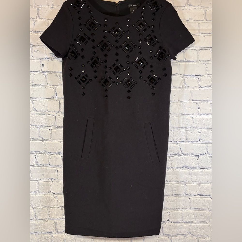 Club Monaco Black Short-sleeve Geo Bead Wedding Party Formal Shift LBD Dress 0